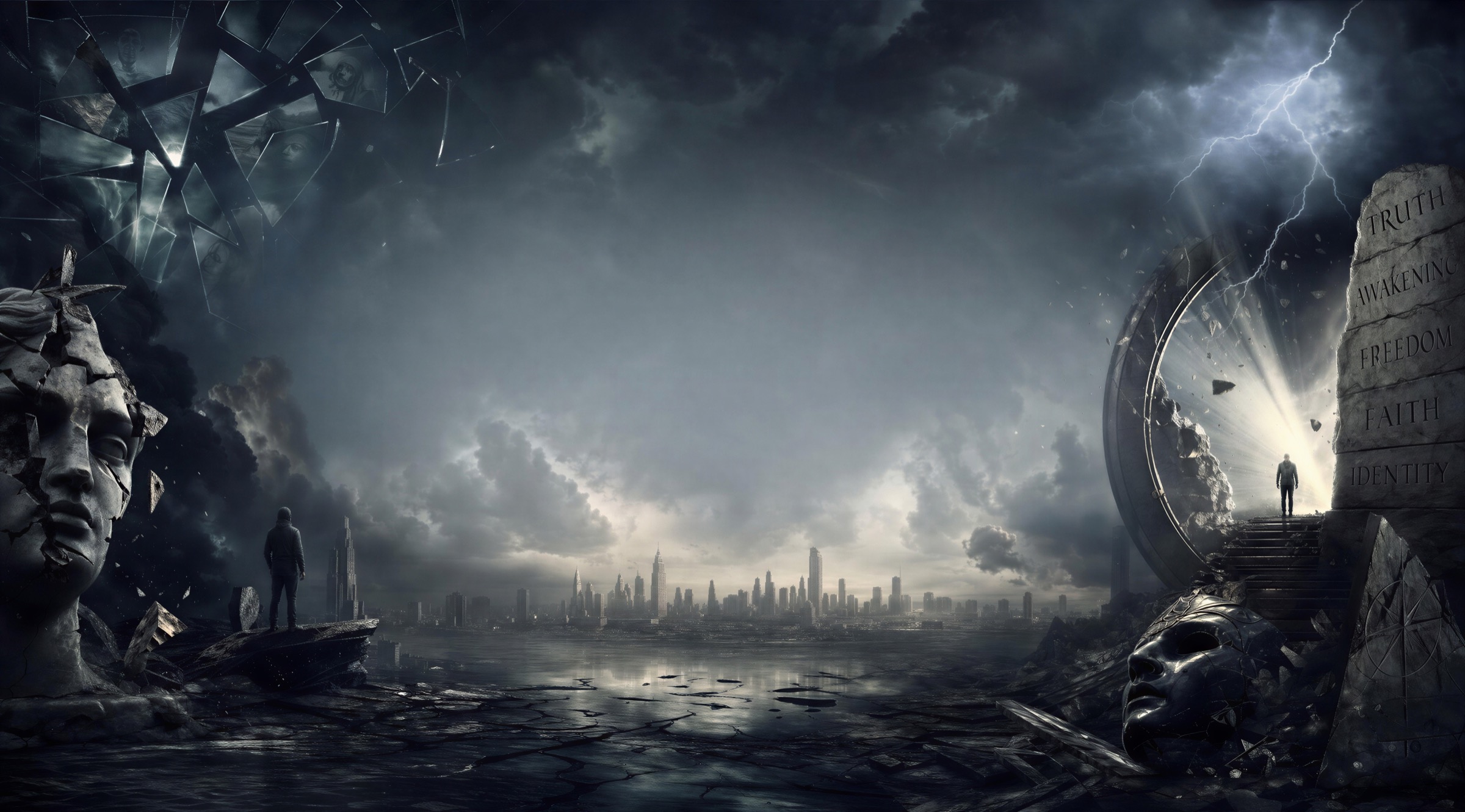 Dissent Theory artwork: a city beneath storm clouds and a figure approaching the light